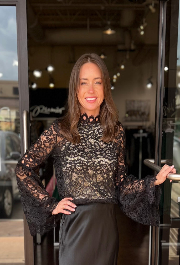 Long Sleeve Lace Top - Black