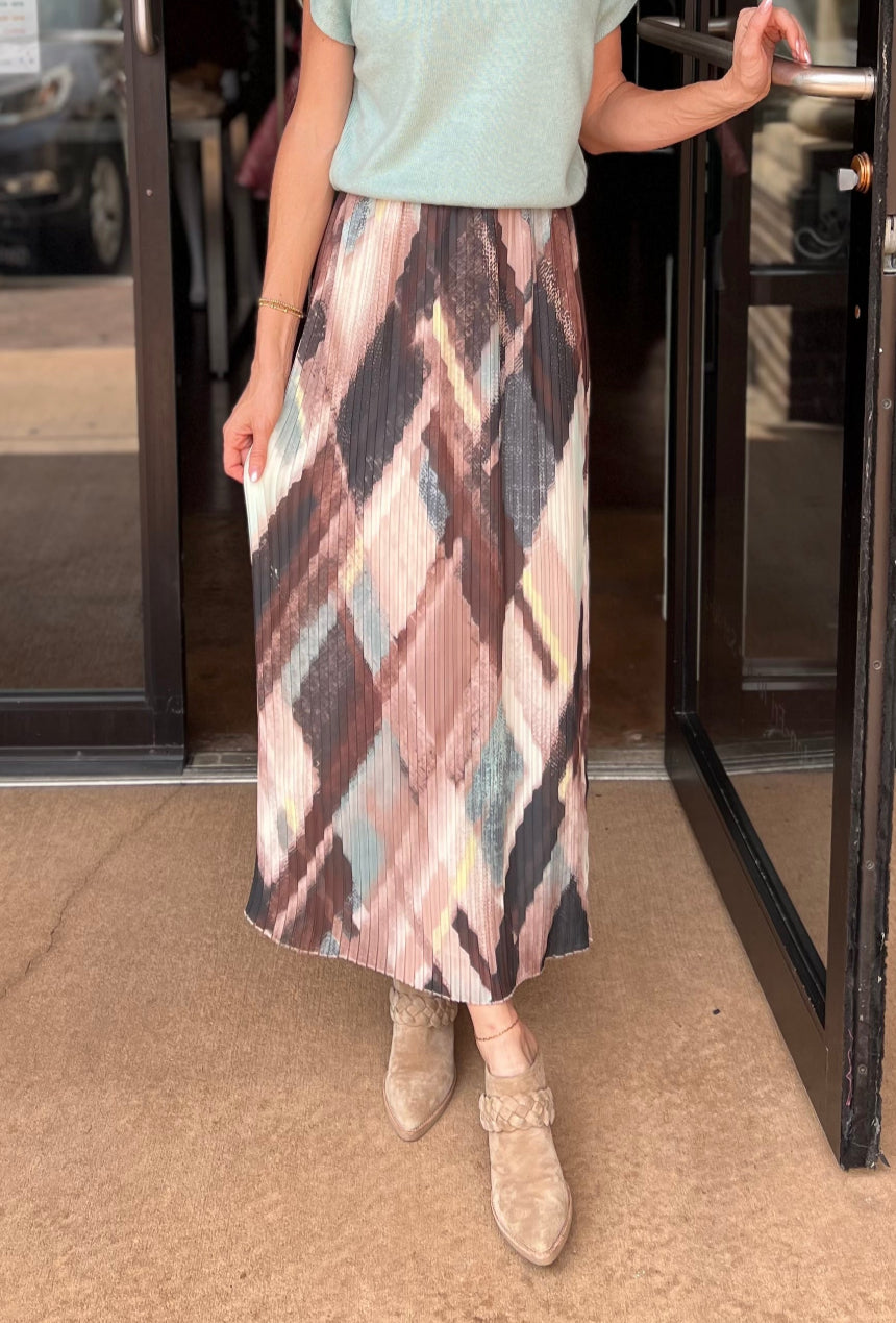Pleated Maxi Skirt - Cappuccino Plaid