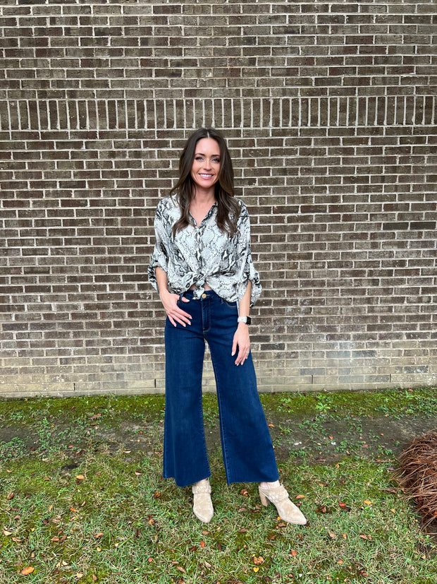 Silky Snake Print Long Sleeve Button Down - Beige