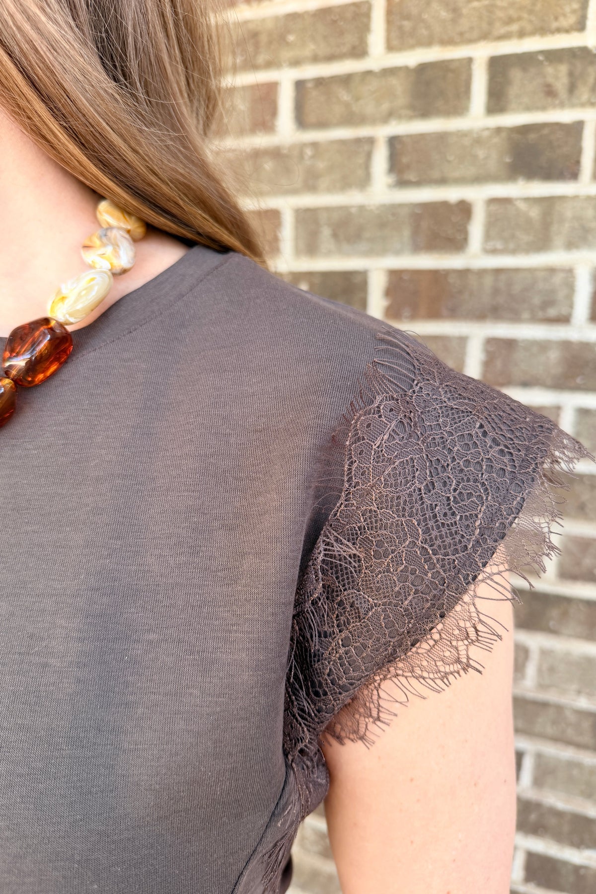 Lace Trimmed Side Tie Top - Brown