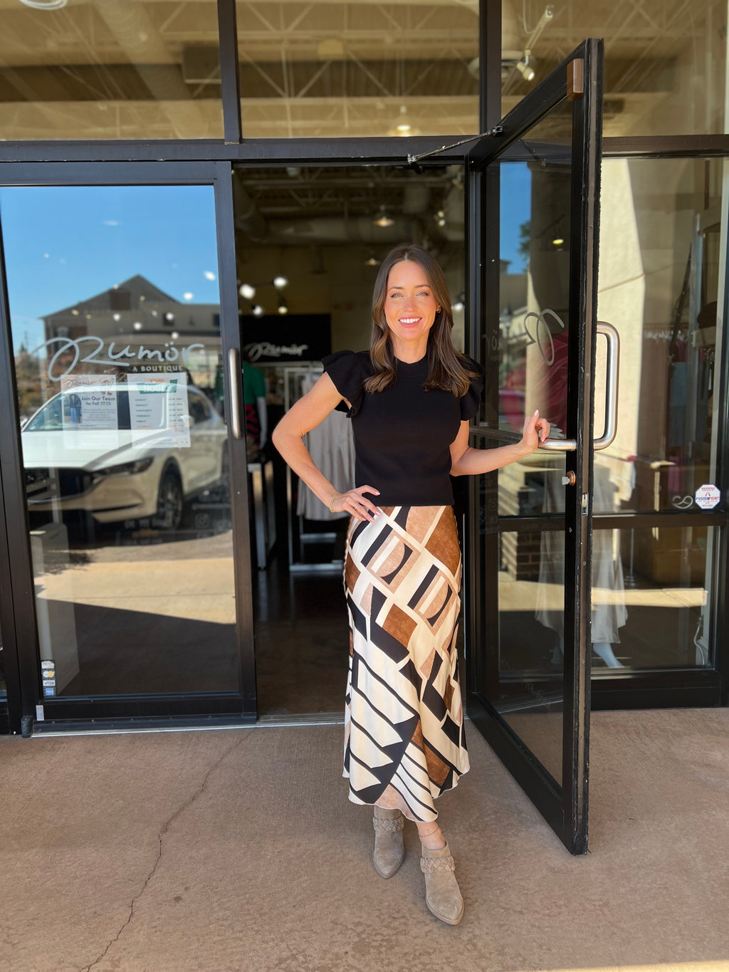 Geometric Multi Print Maxi Skirt - Cream/Camel