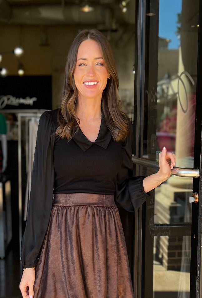 Rib Knit Silky Collared V-Neck Top - Black