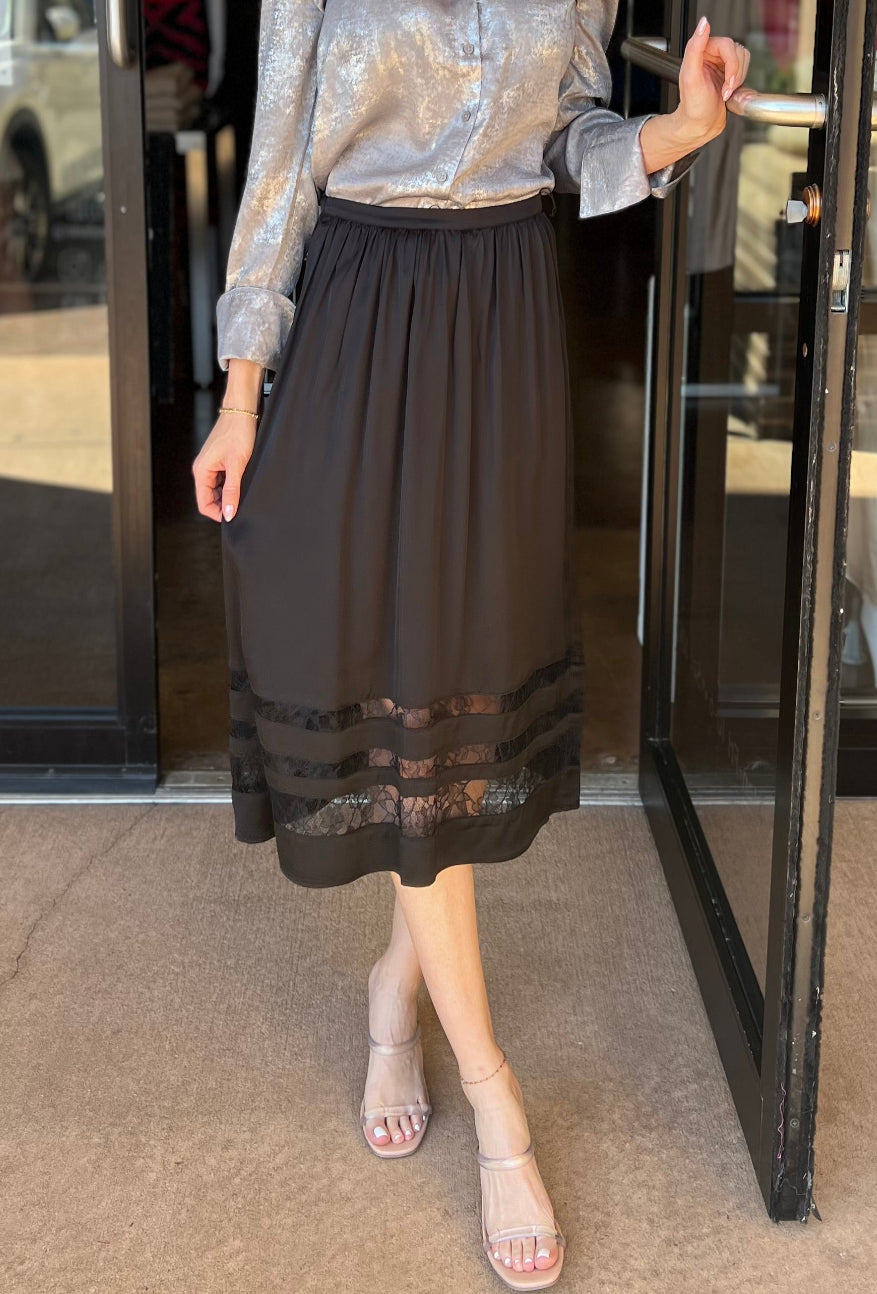 Midi Skirt With Lace Inset - Black