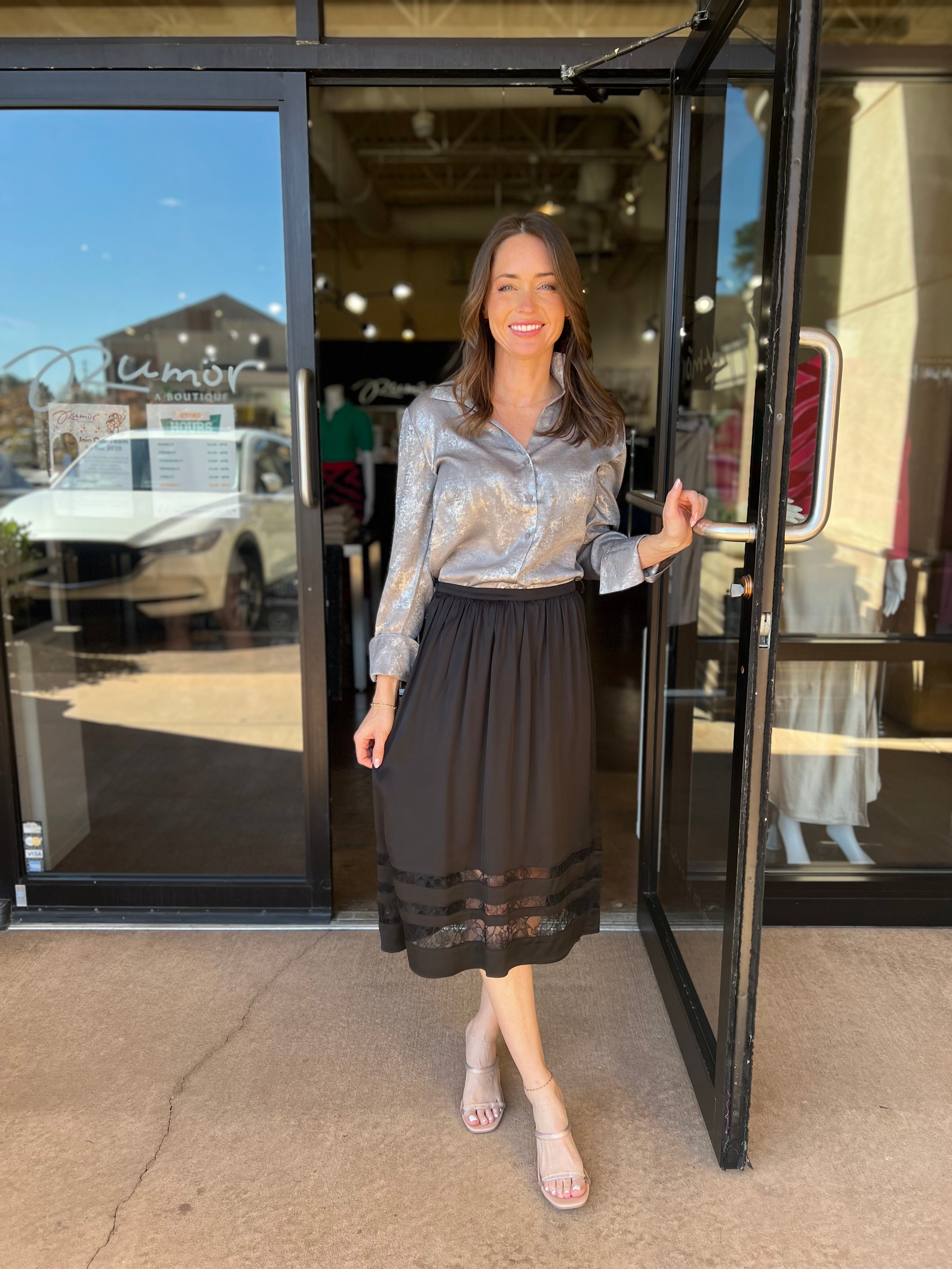 Metallic Collared Button Down Top - Silver Foil