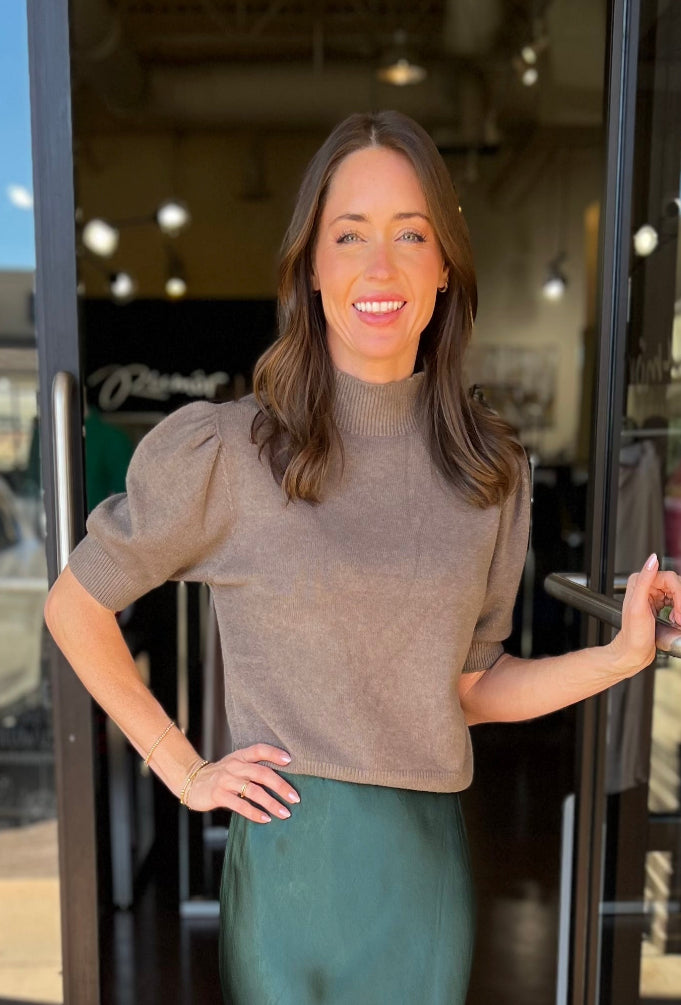 Mock Neck Bubble Shoulder Knit - Dark Brown