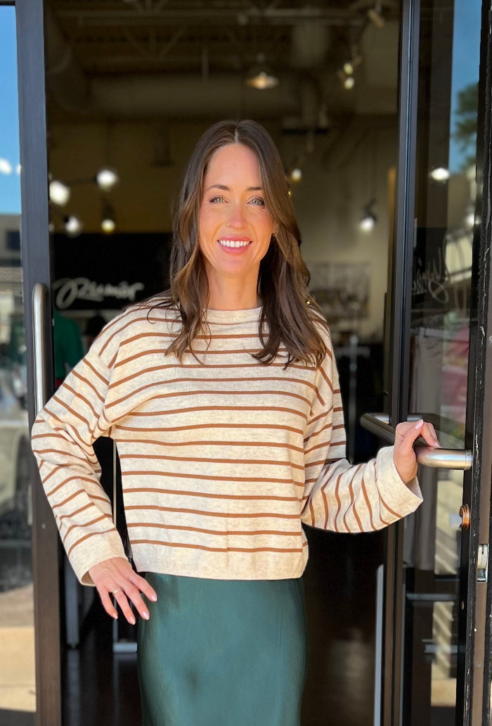 Crewneck Striped Sweater - Camel