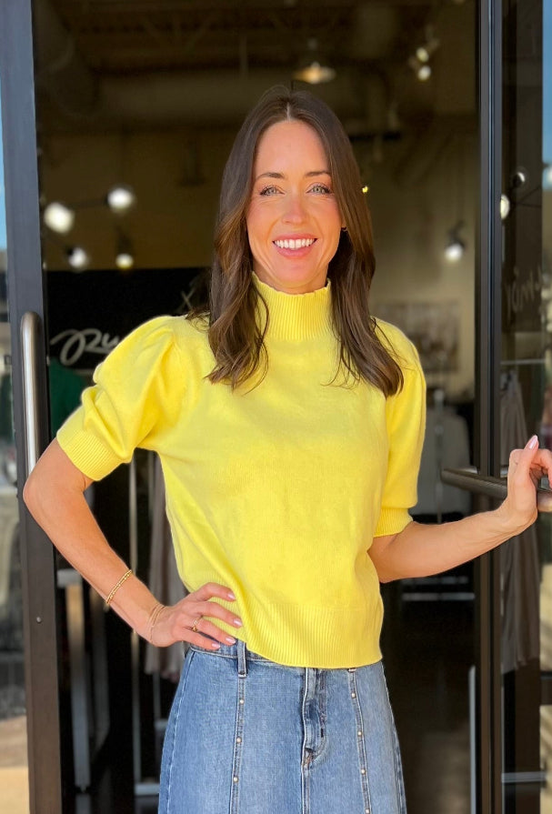Mock Neck Bubble Shoulder Knit Top - Yellow