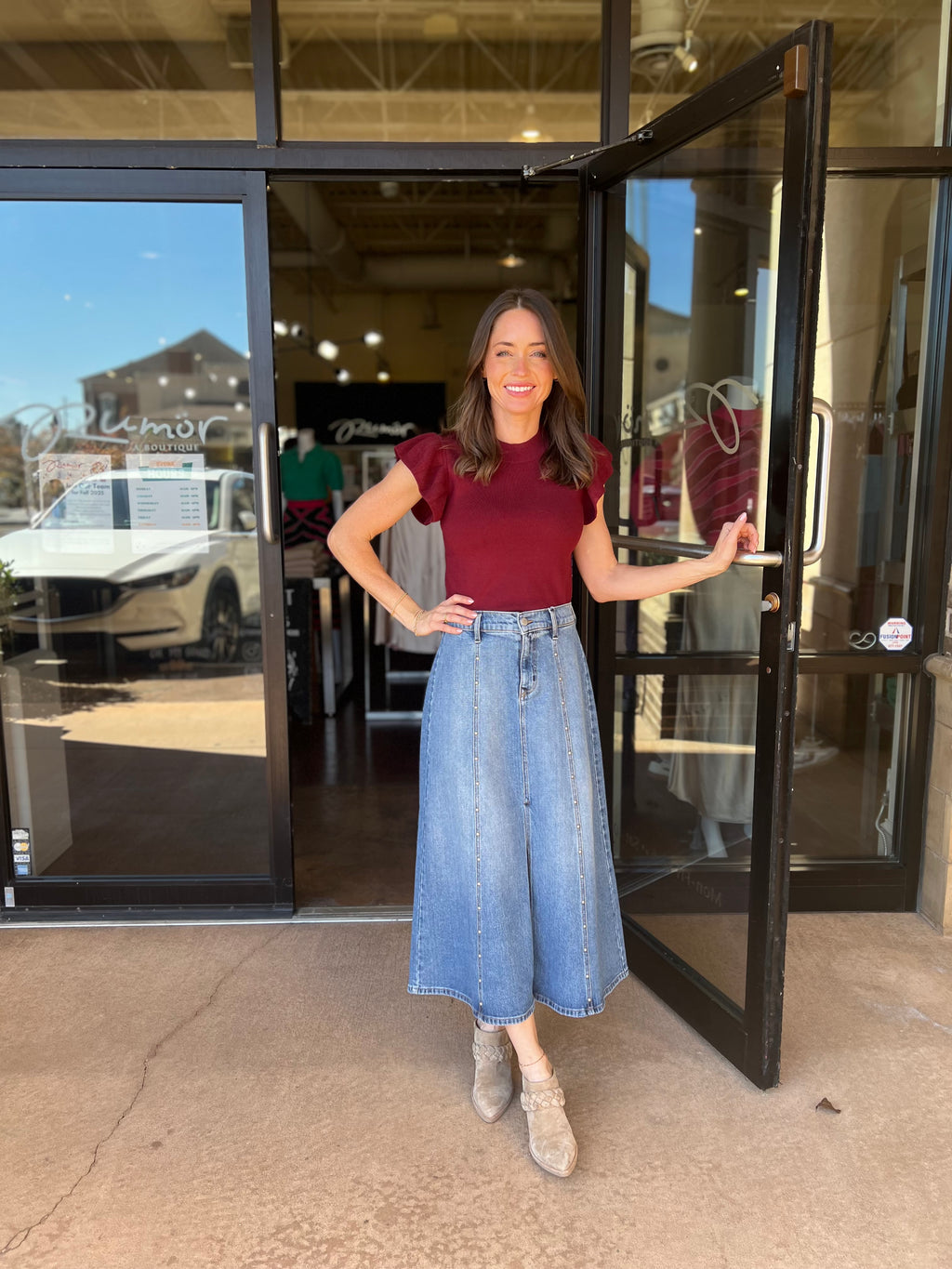 Mock Neck Ruffle Sleeve Top - Wine