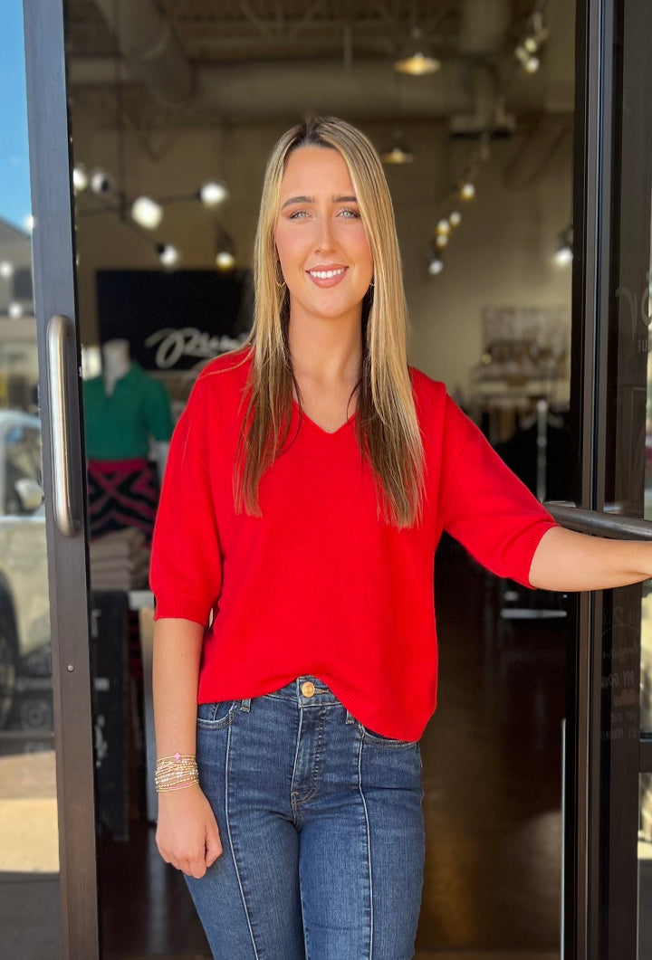 V-Neck 3/4 Sleeve Knit Top - Red