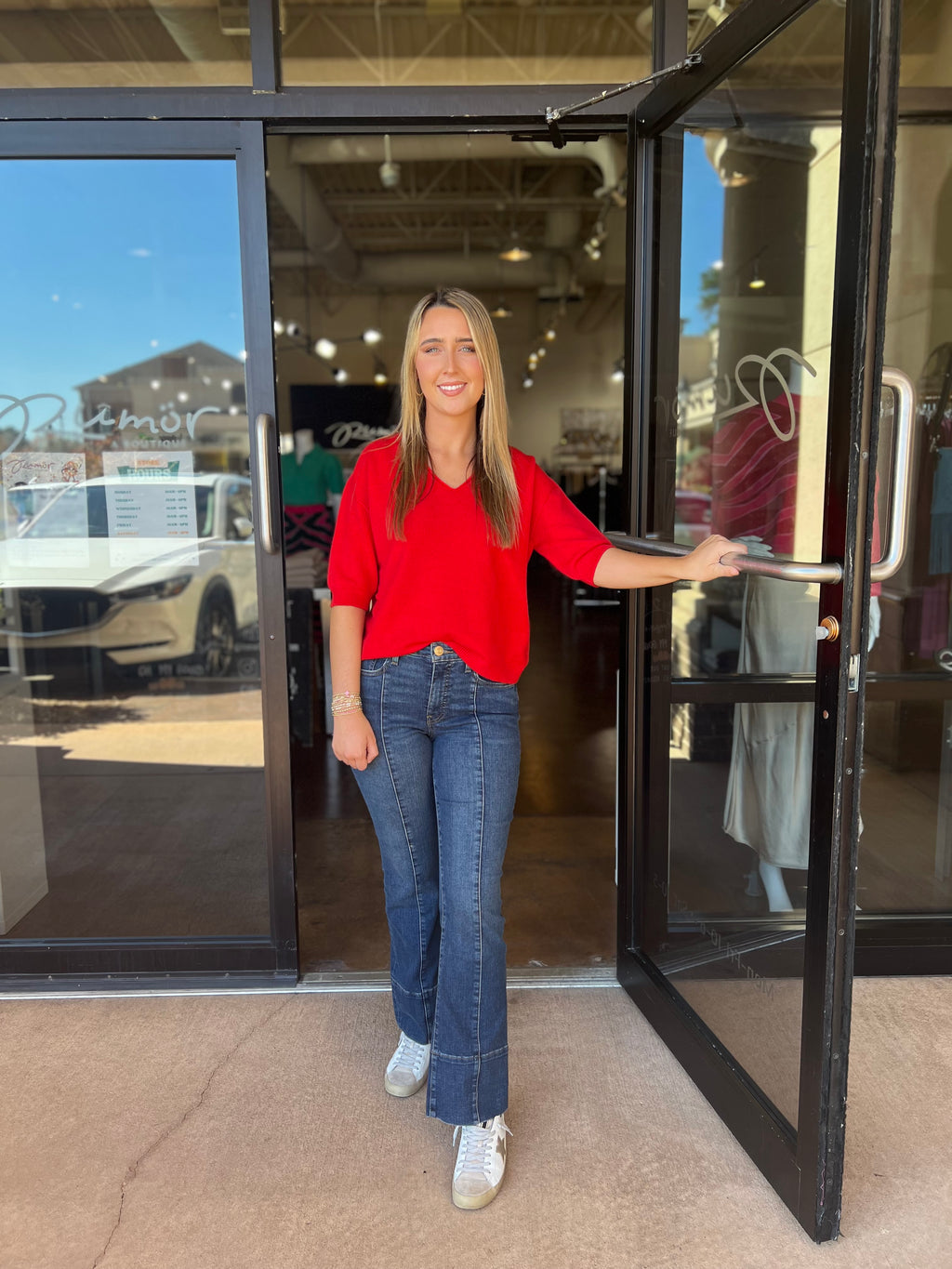 V-Neck 3/4 Sleeve Knit Top - Red