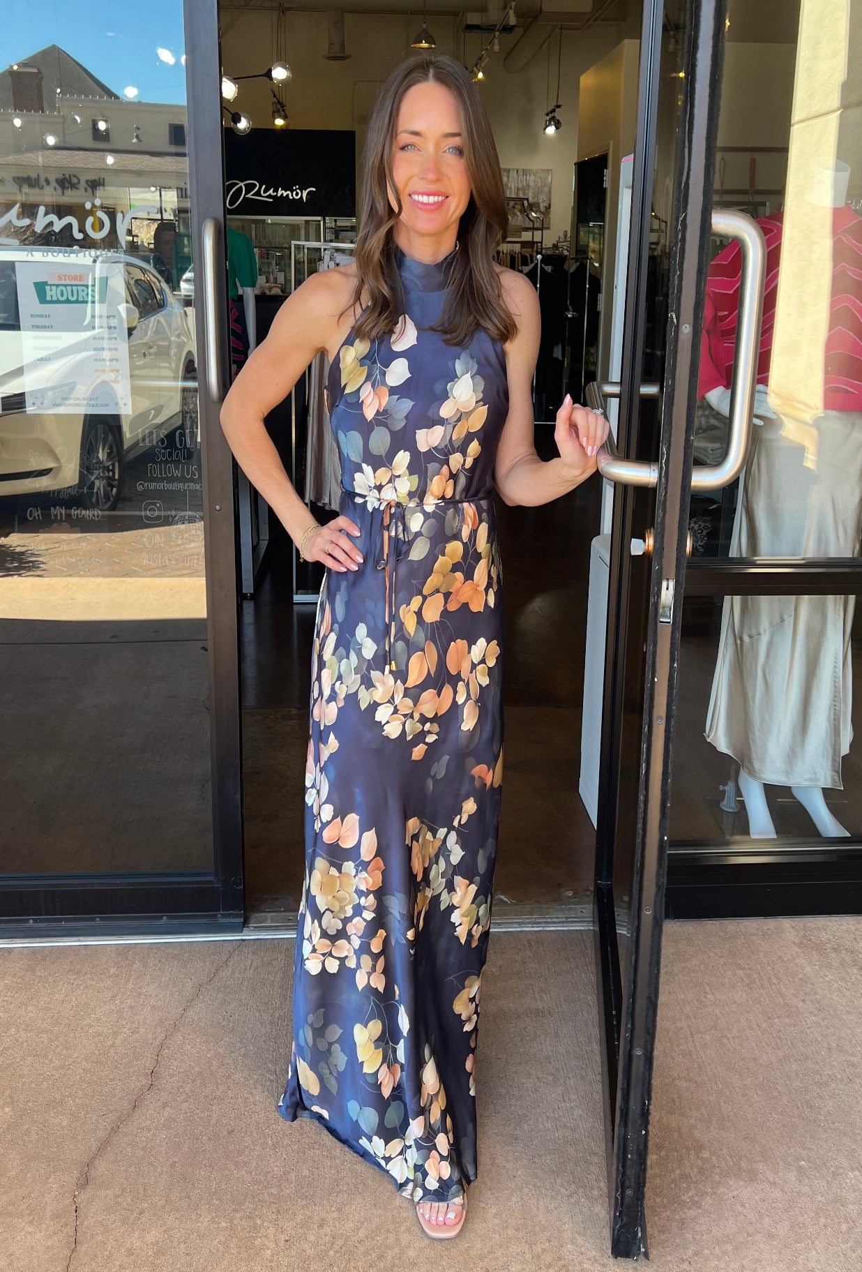 Mock Neck Satin Printed Halter Maxi Dress - Navy L Mock Neck Satin Printed Halter Maxi Dress - Navy L