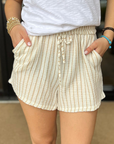 Cotton Seersucker Shorts - White/Camel