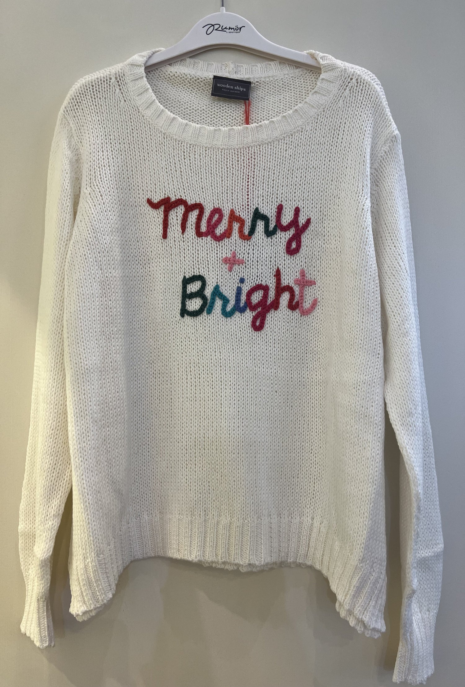 Merry & Bright Embroidered Crew Sweater - White