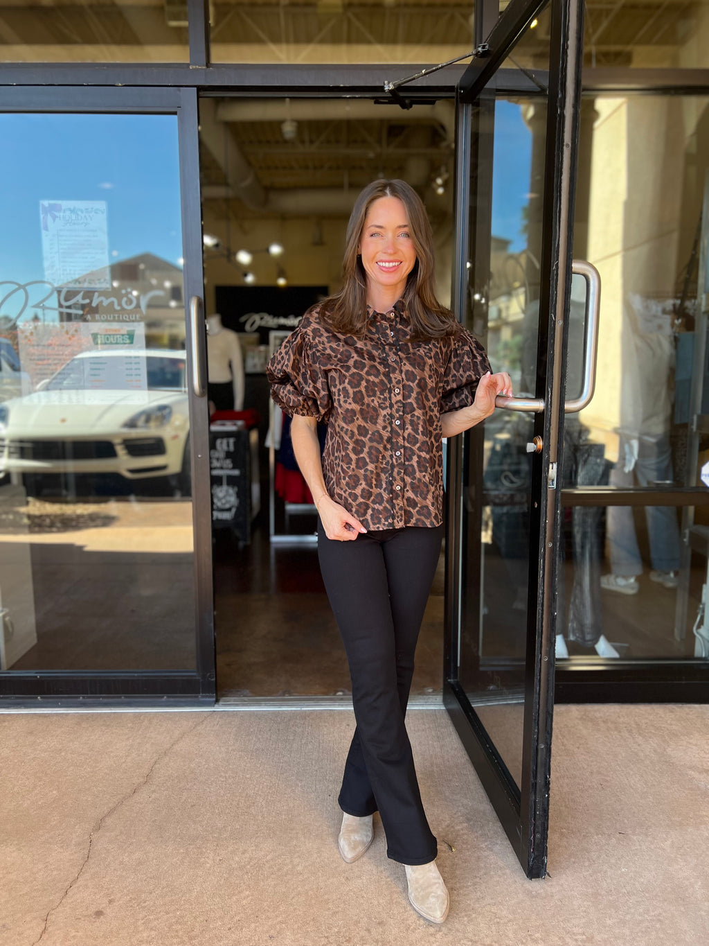 Leopard Poplin Ric Rac Button Top - Brown