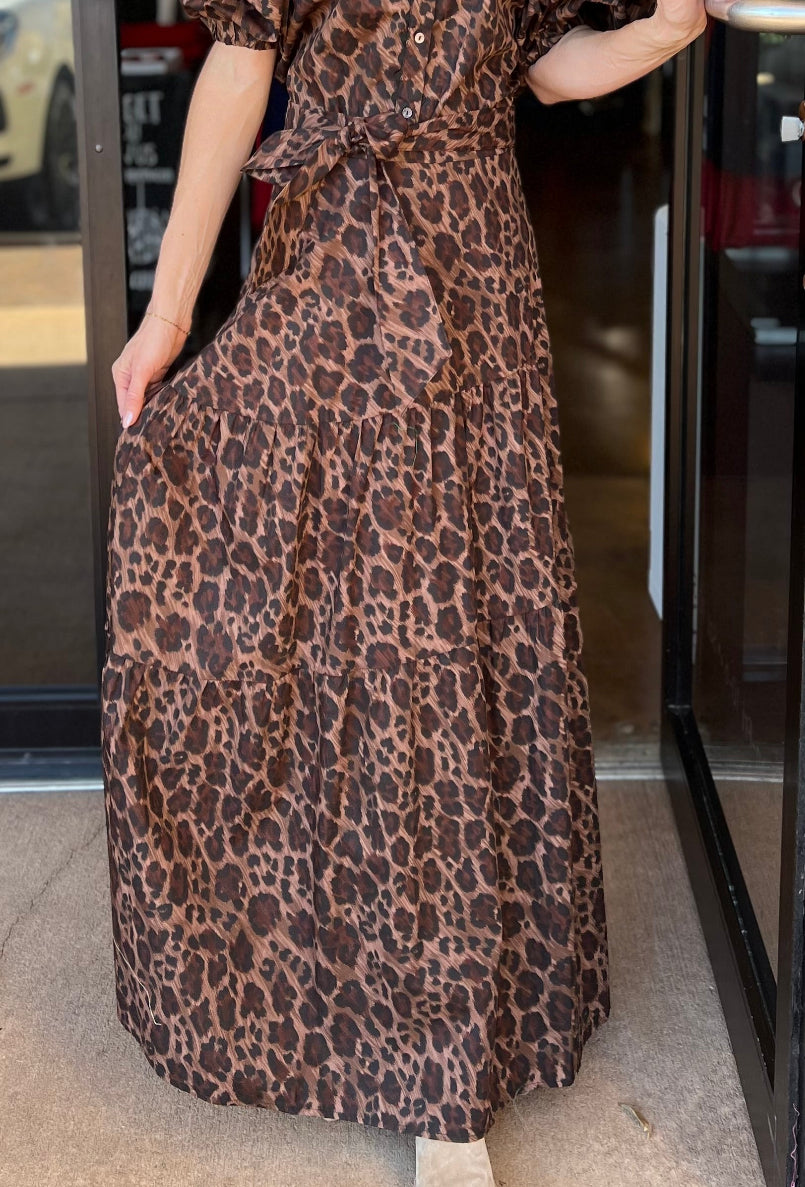 Leopard Tie Maxi Skirt - Brown
