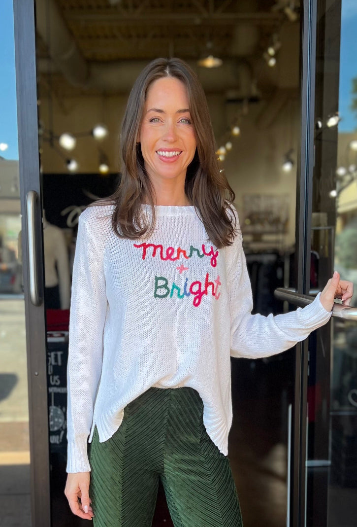 Merry & Bright Embroidered Crew Sweater - White