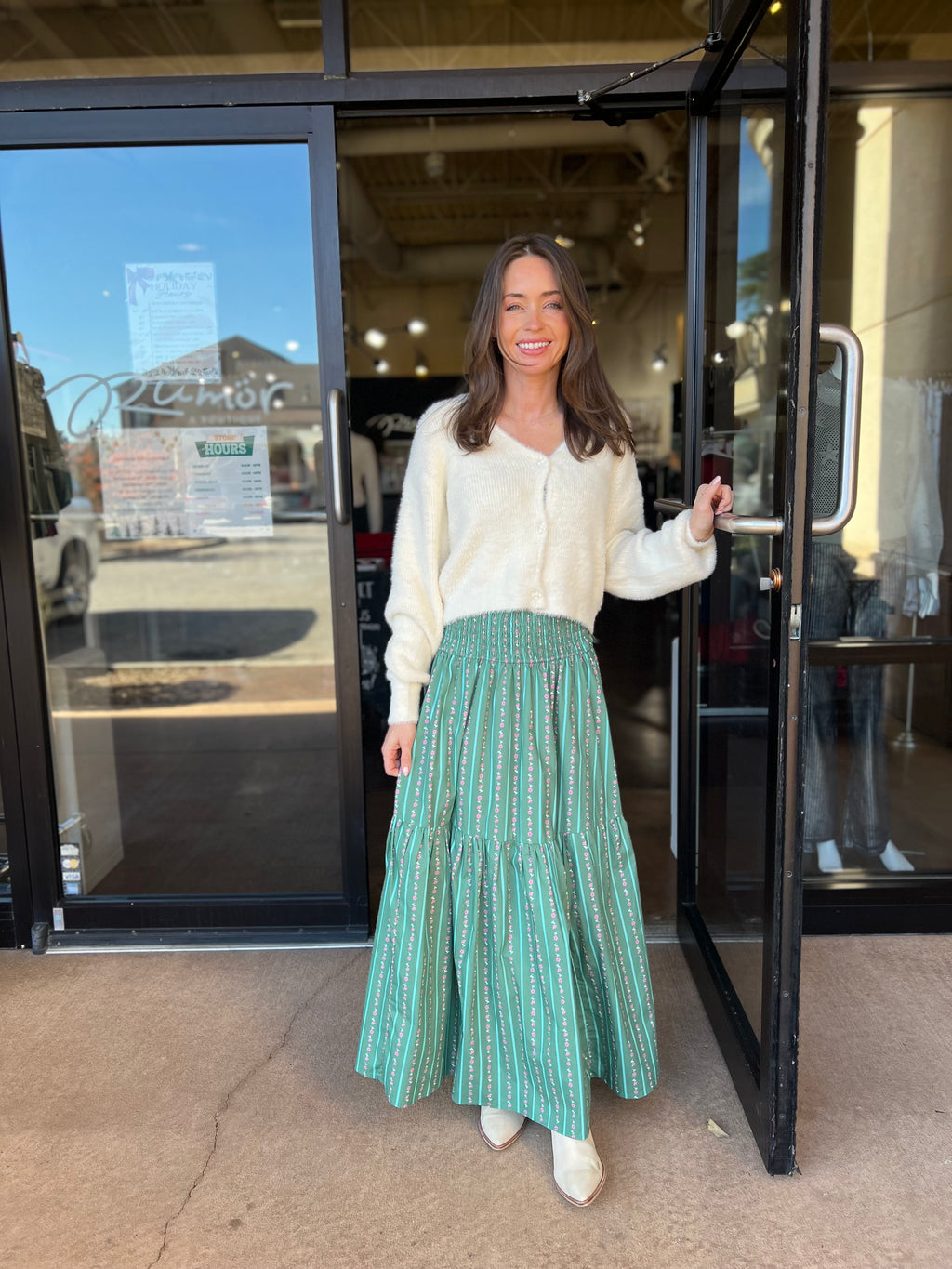 Floral Stripe Tier Smock Maxi Skirt - Green