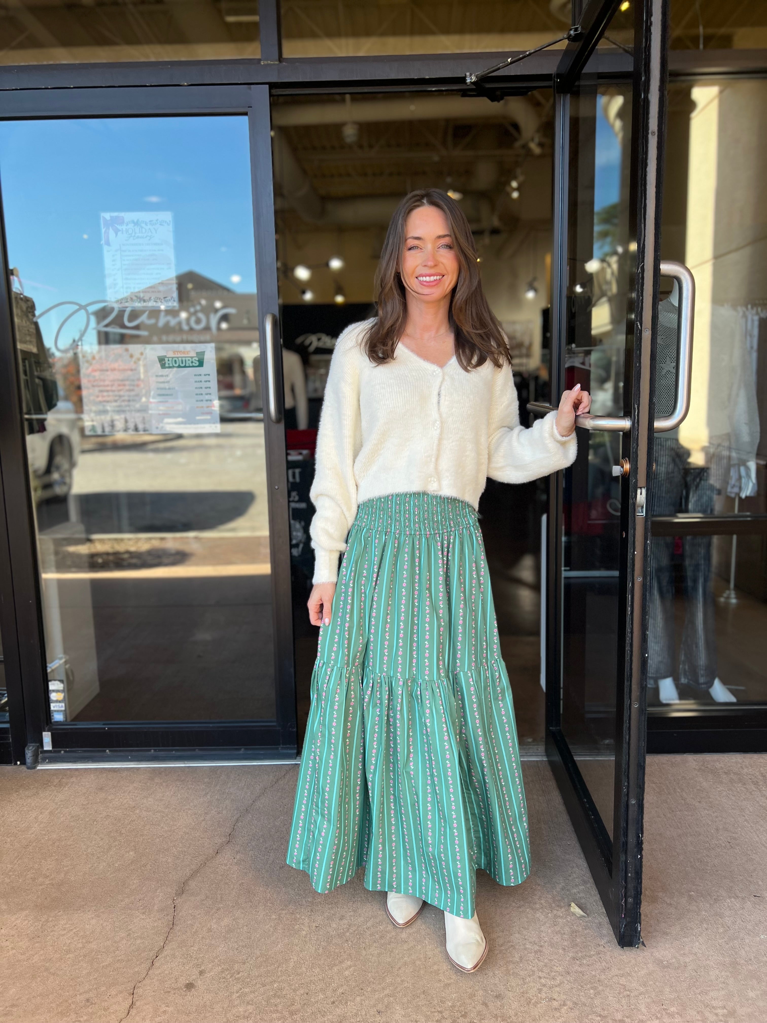 Floral Stripe Tier Smock Maxi Skirt - Green
