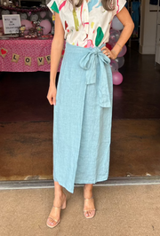 Belt Wrap Linen Skirt - Blue Zuccero