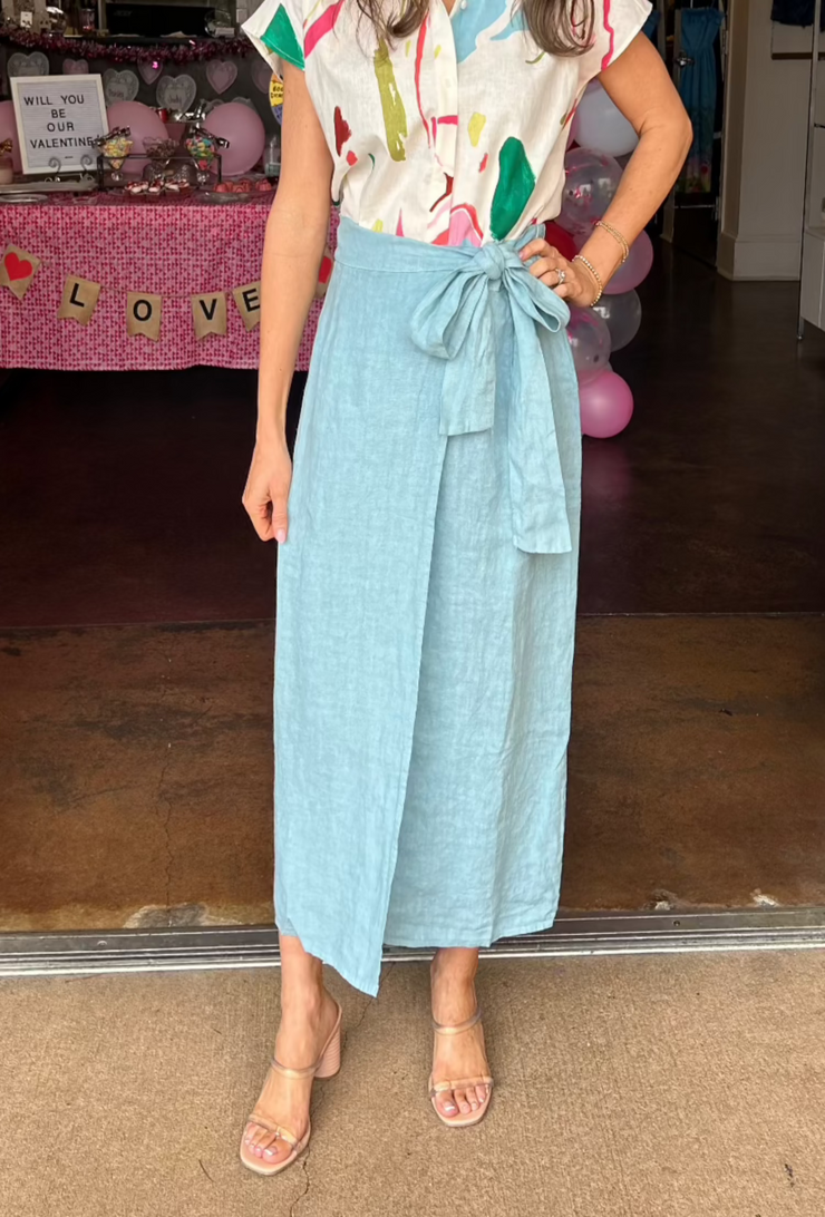 Belt Wrap Linen Skirt - Blue Zuccero