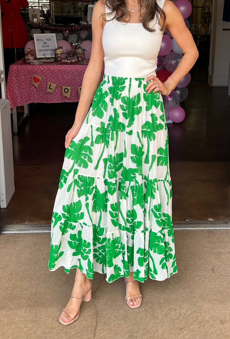 Palm Print Tiered Maxi Skirt - White/Green