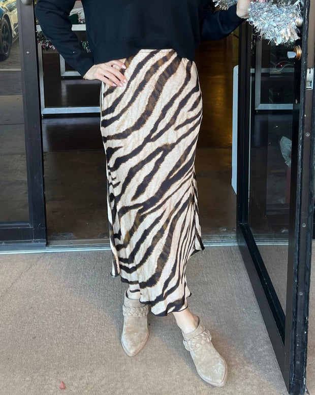 Tiger Print Silky Midi Skirt - Beige/Camel