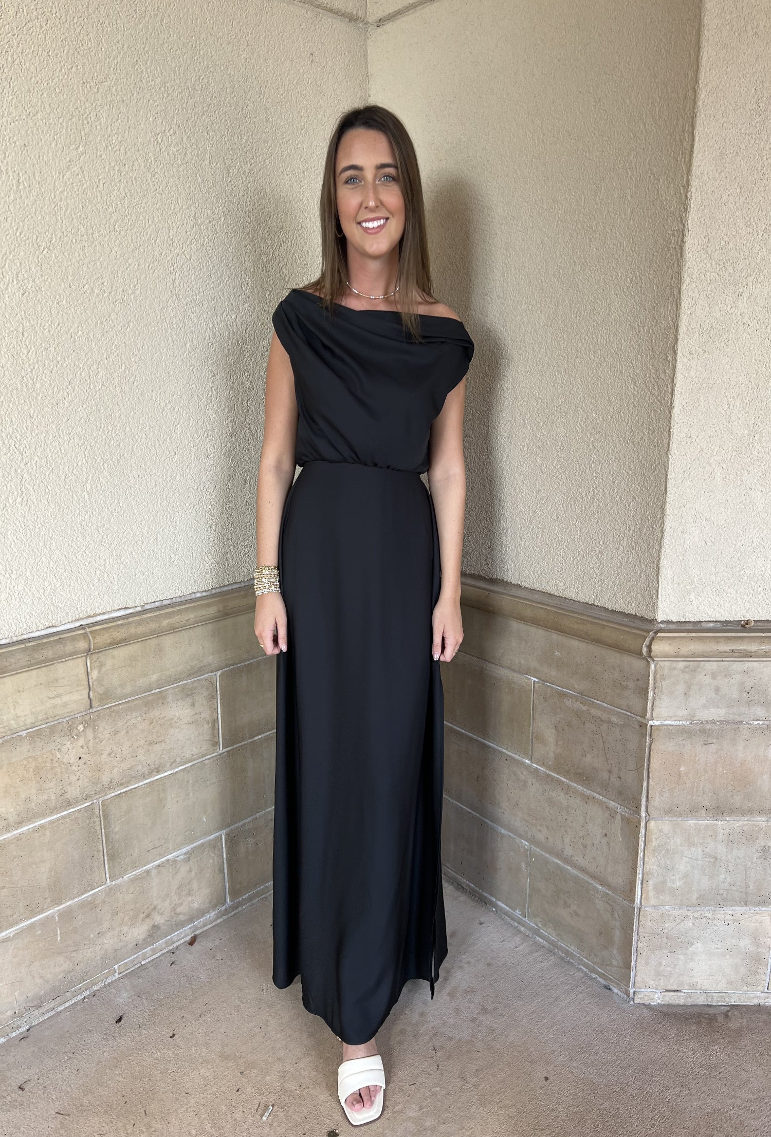 Satin Draped Shoulder Maxi Dress - Black