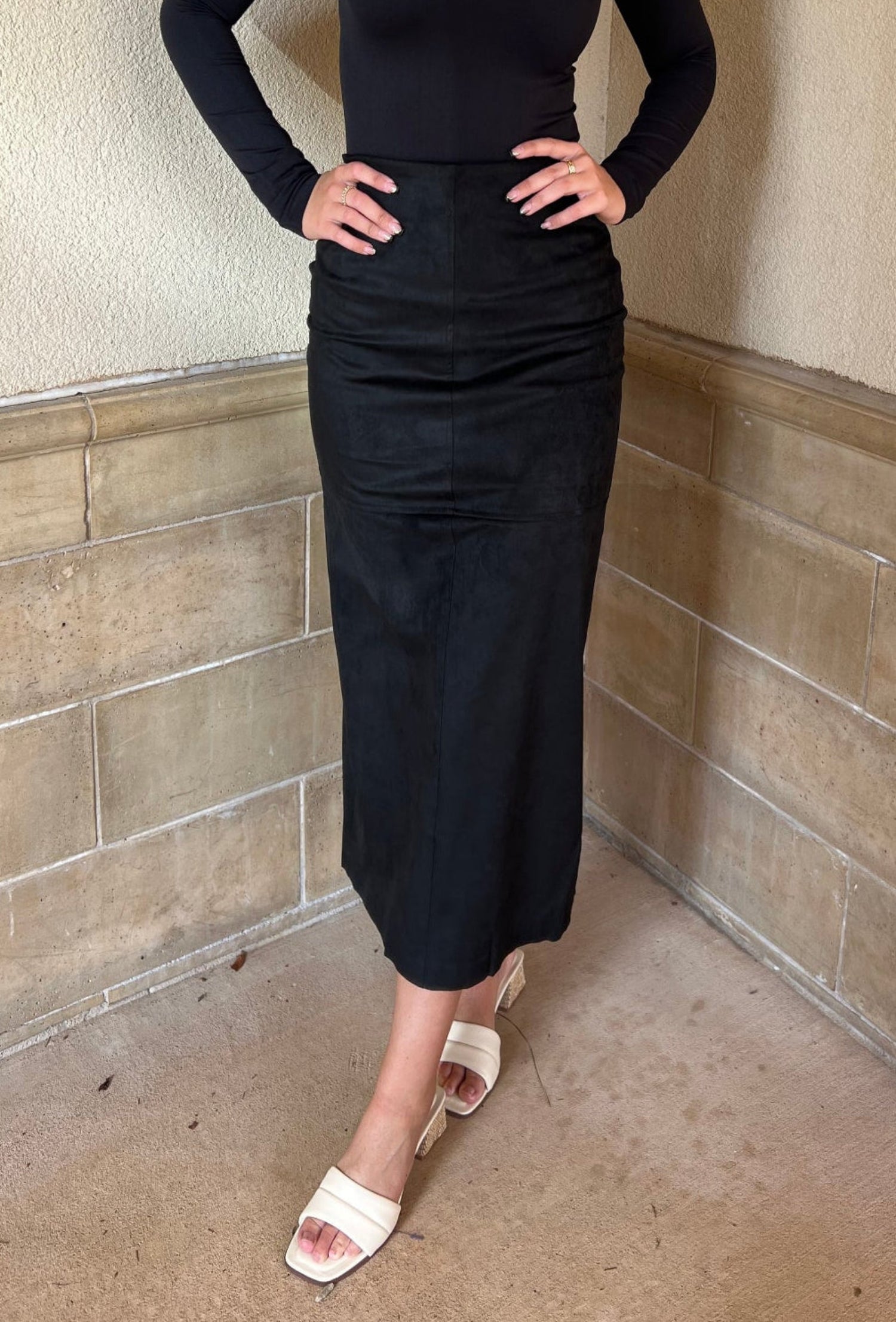 Faux Suede Midi Skirt - Black