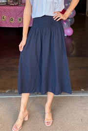 Shirred Linen A-Line Skirt - Navy Blue