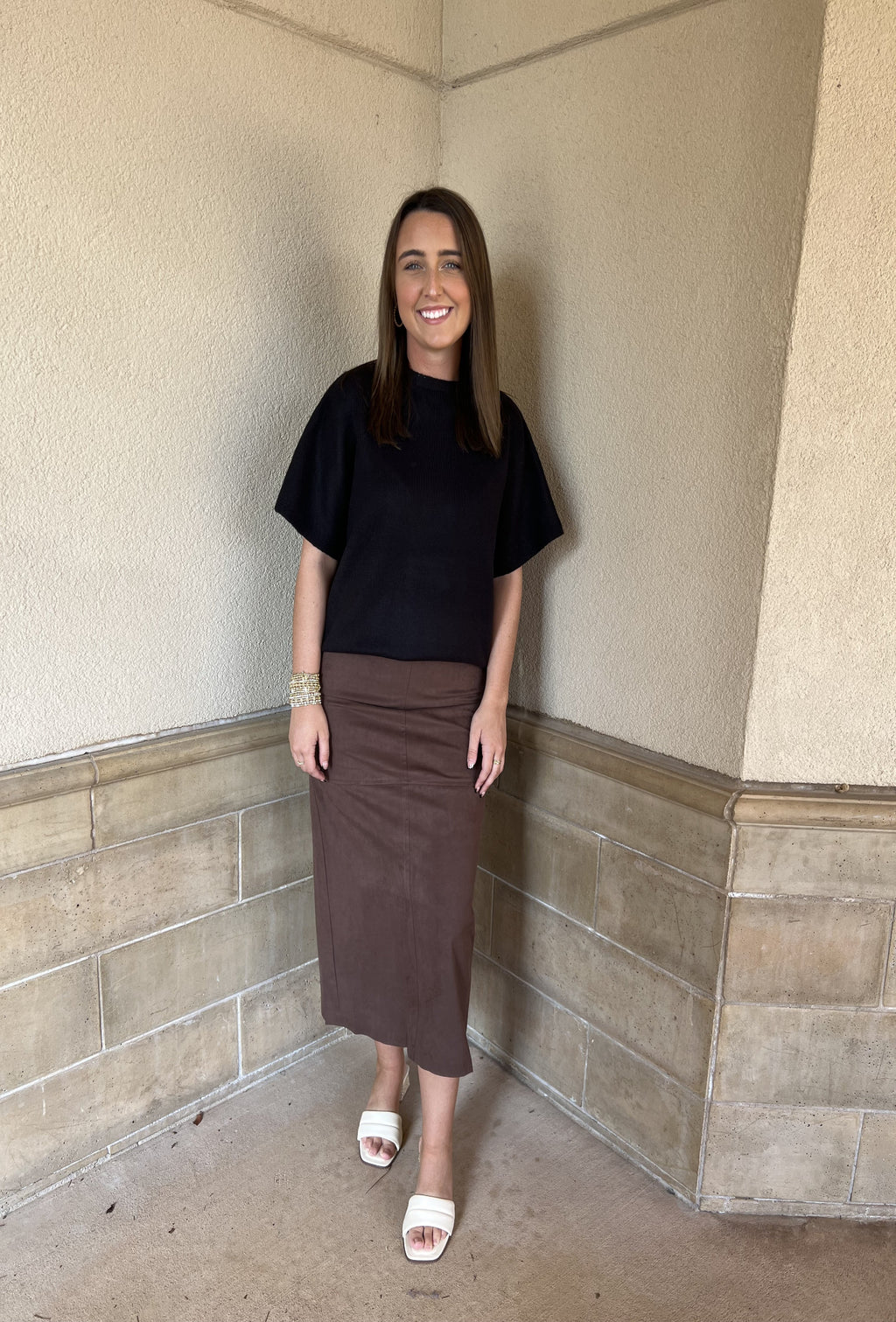 Faux Suede Midi Skirt - Brown