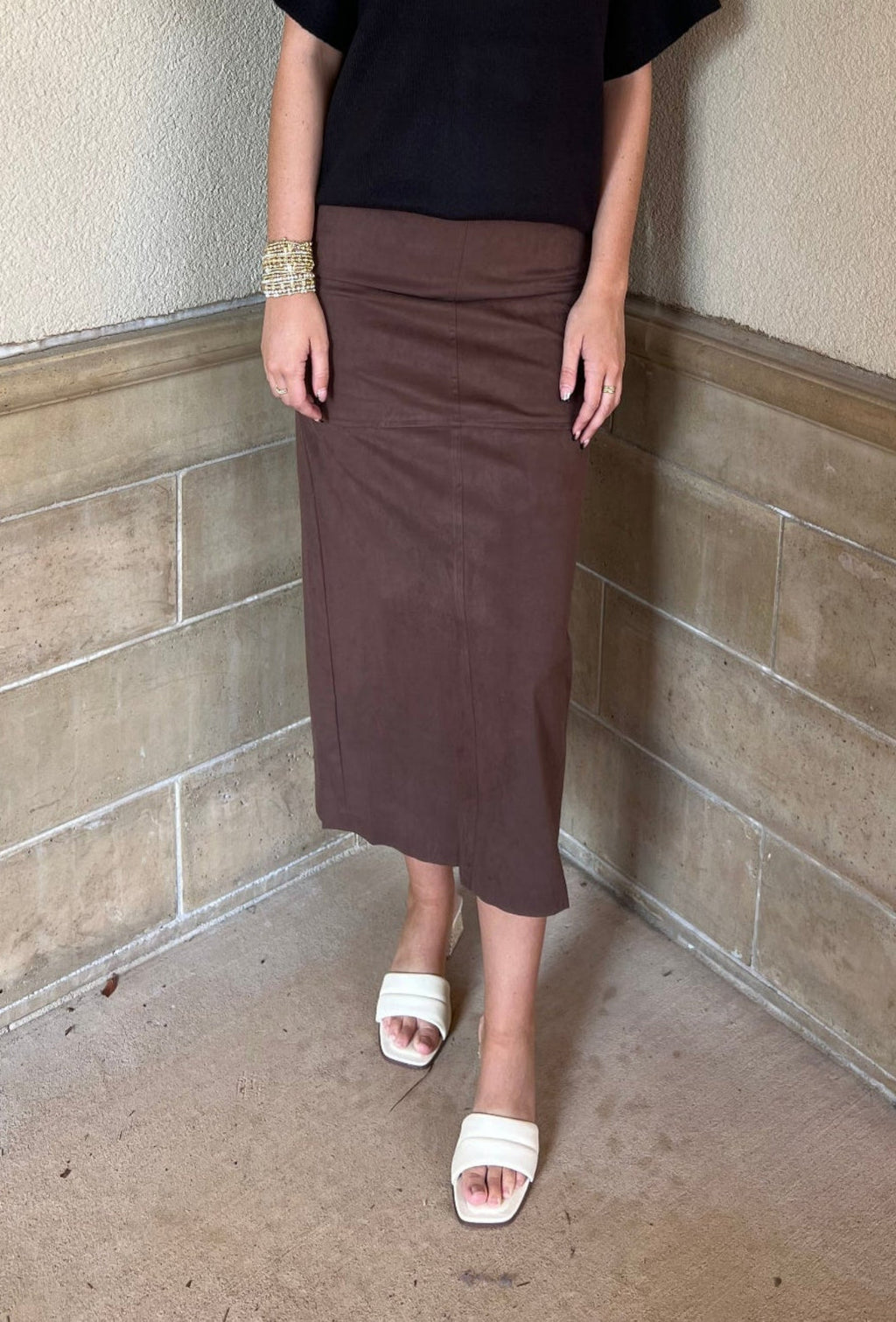 Faux Suede Midi Skirt - Brown