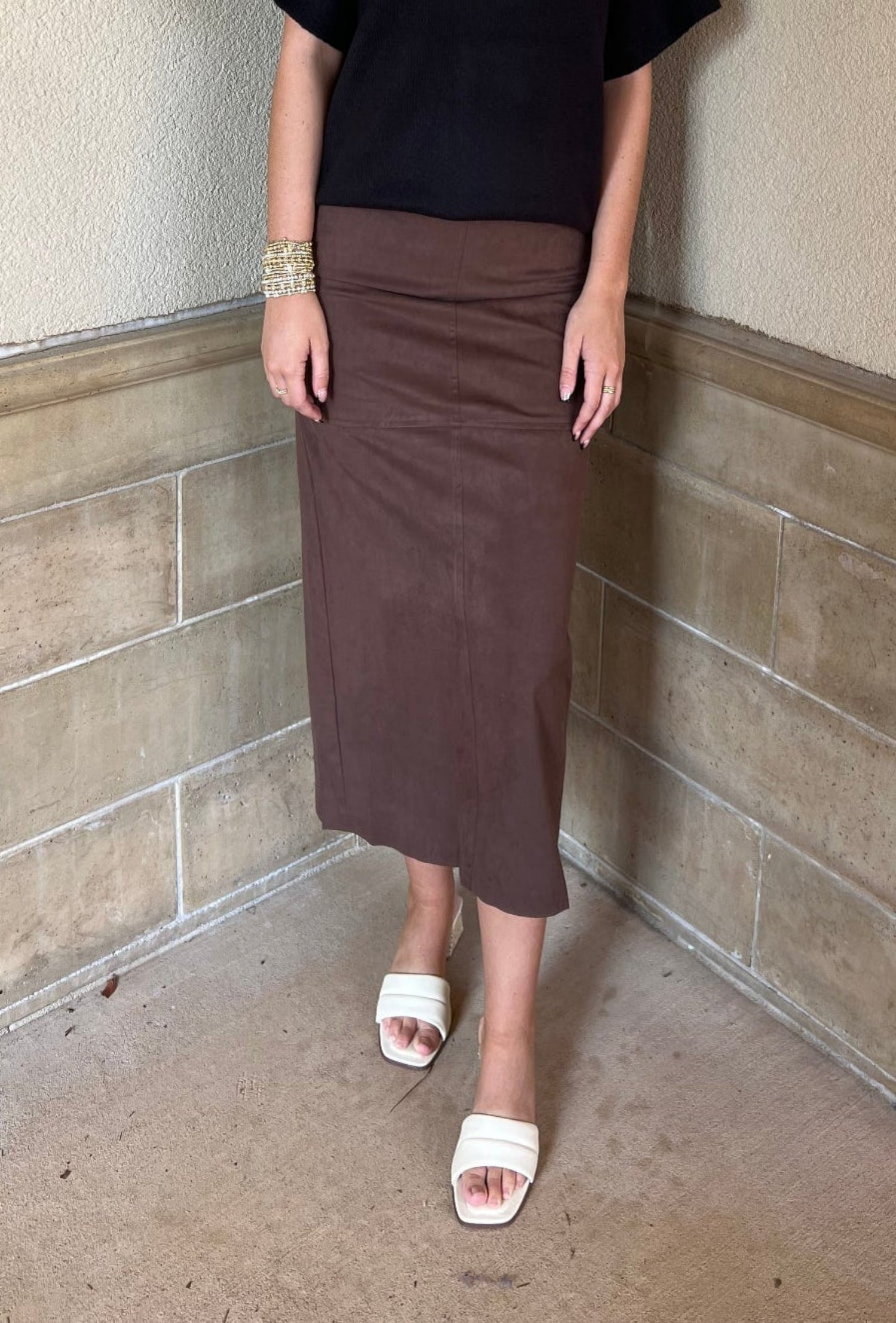 Faux Suede Midi Skirt - Brown
