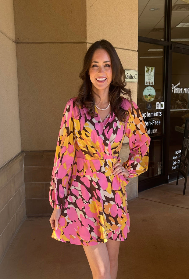 Multi Printed Long Sleeve Wrap Dress - Pink/Orange