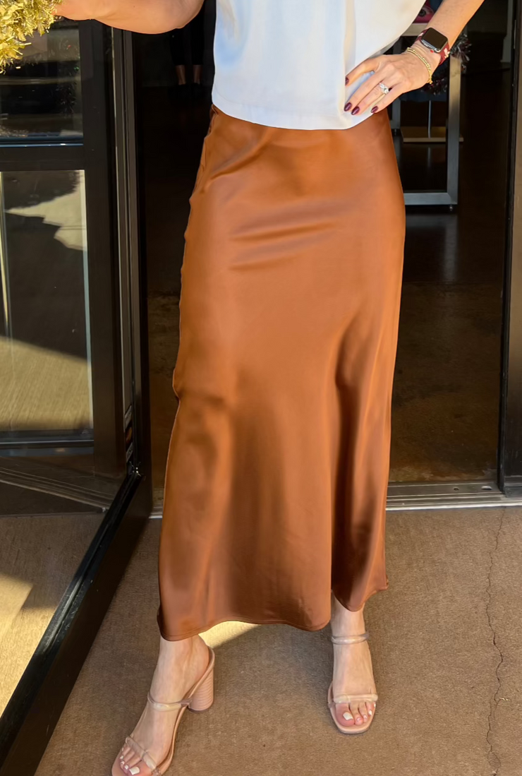 Satin Elastic Midi Skirt - Brown