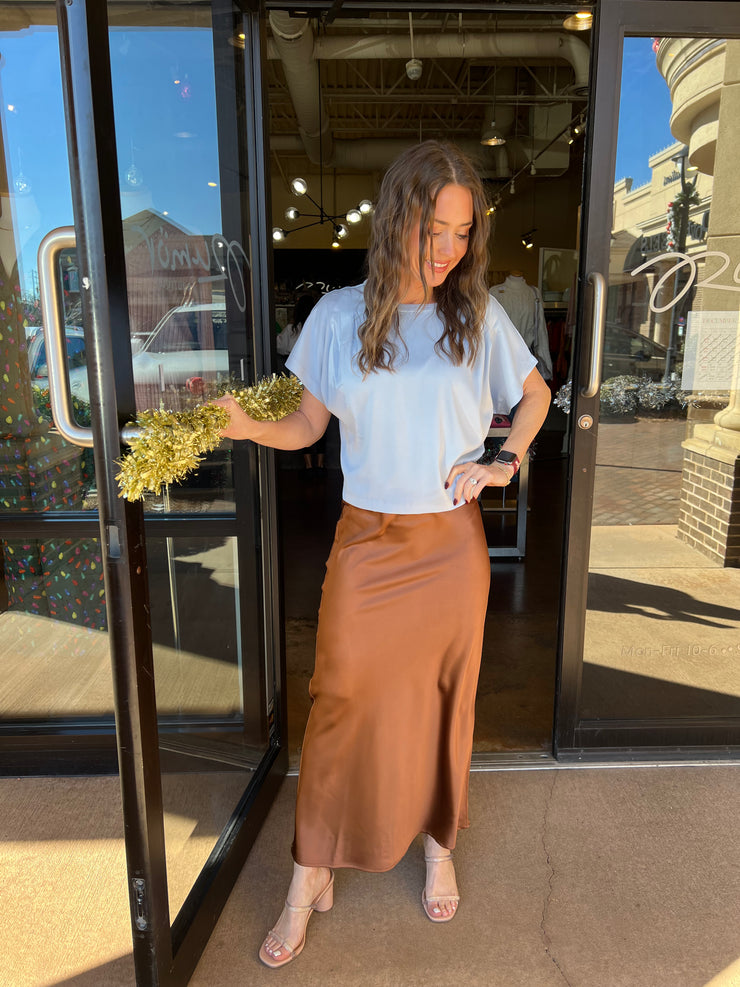 Satin Elastic Midi Skirt - Brown