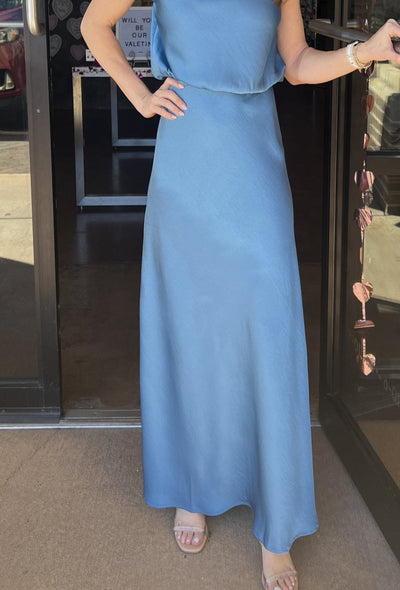 High Waisted Satin Maxi Skirt - Blue