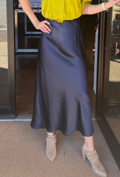 Solid Satin Midi Skirt - Navy