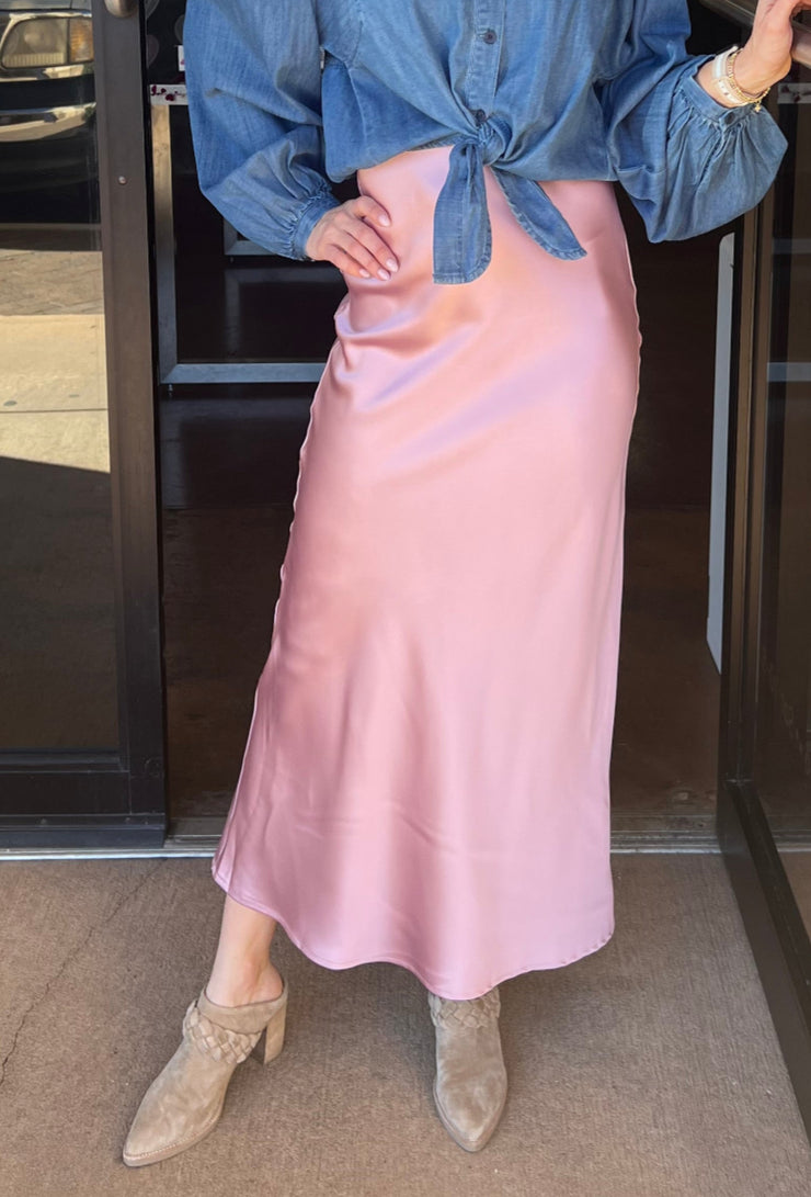 Solid Satin Midi Skirt - Blush