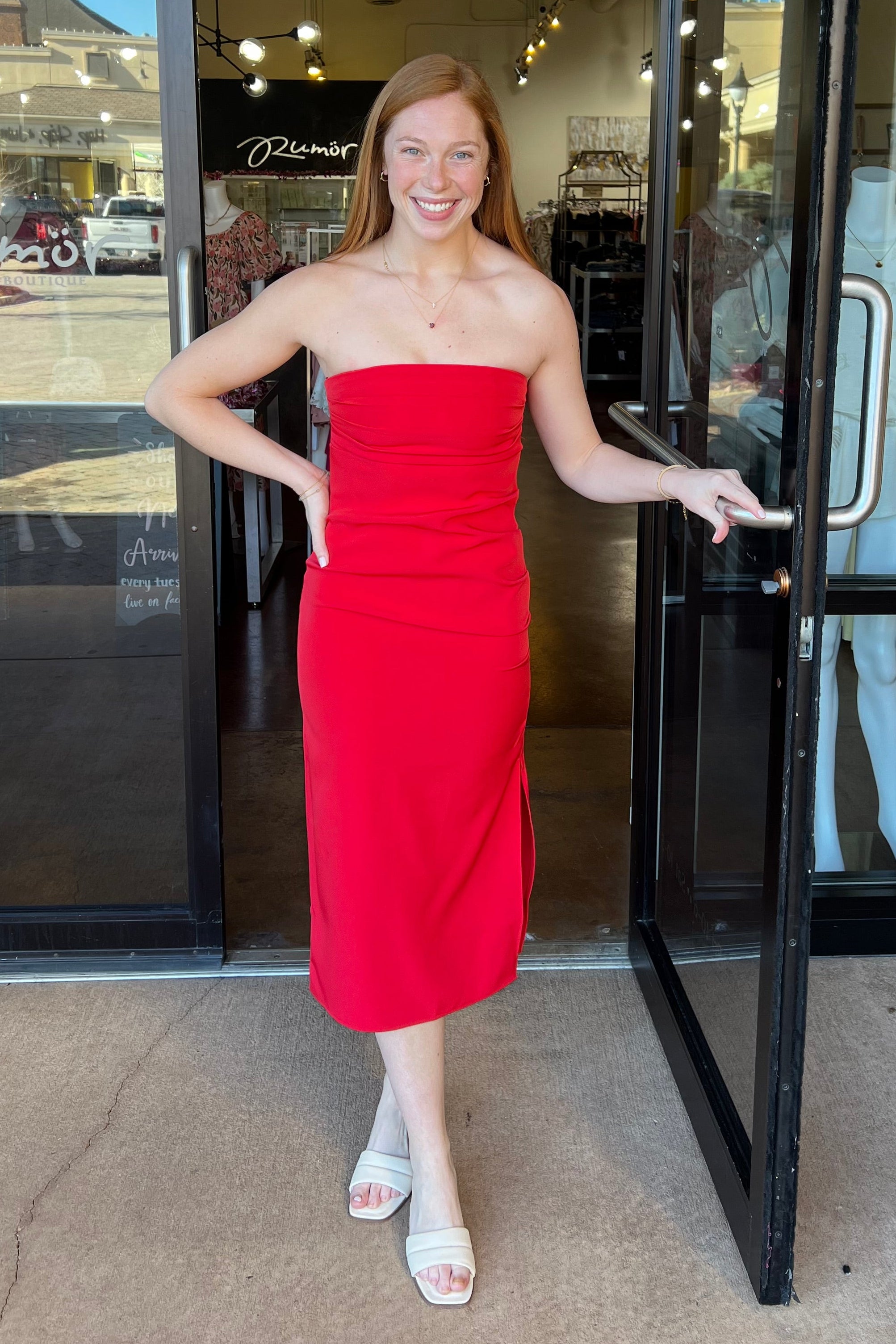 Naomi Strapless Midi Dress - Cherry