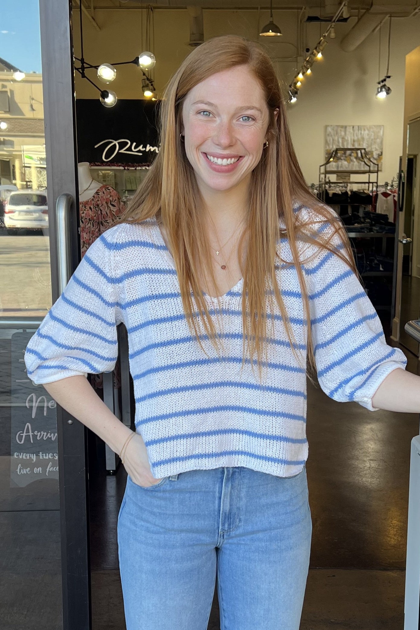 Helene Striped 3/4 Sleeve Top - White/Mykonos