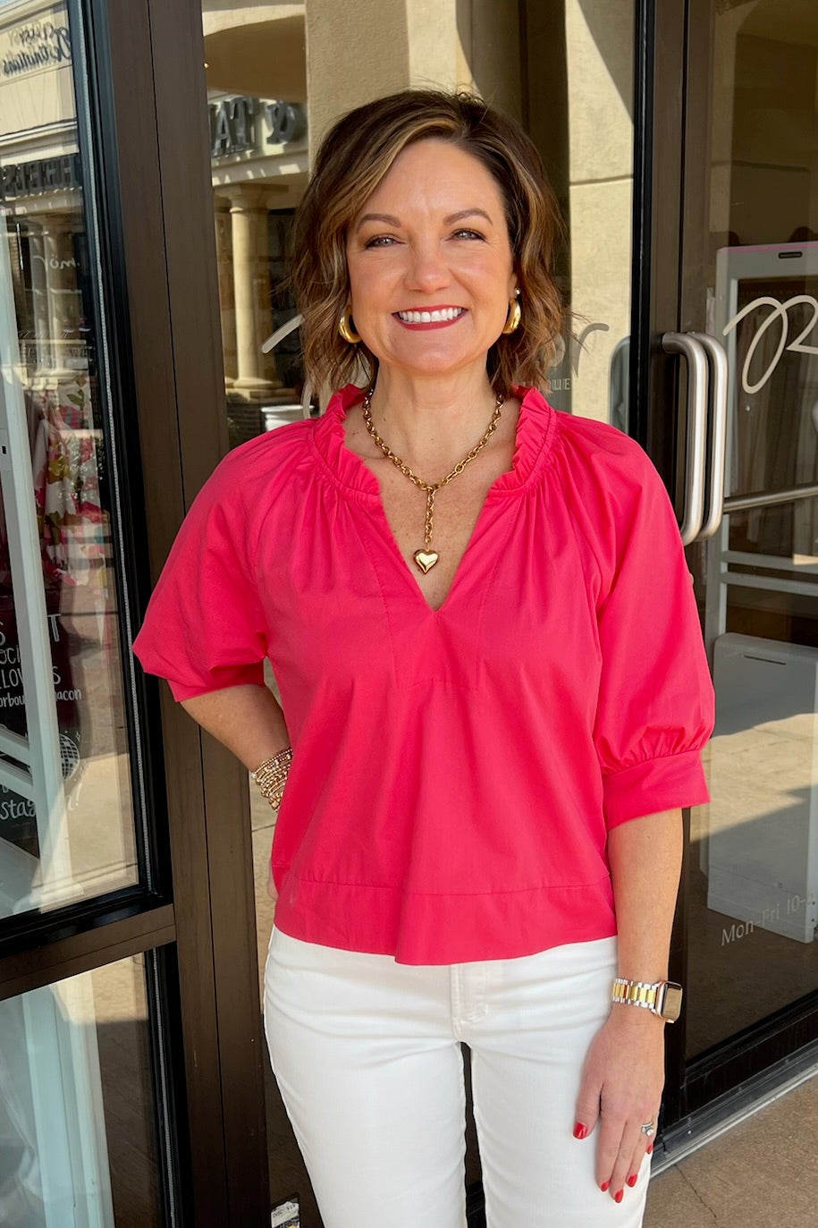 Cici ruffle neck top - Coral