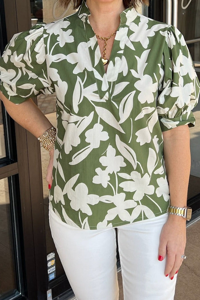 Darnya Floral Pattern Top - Green Clover