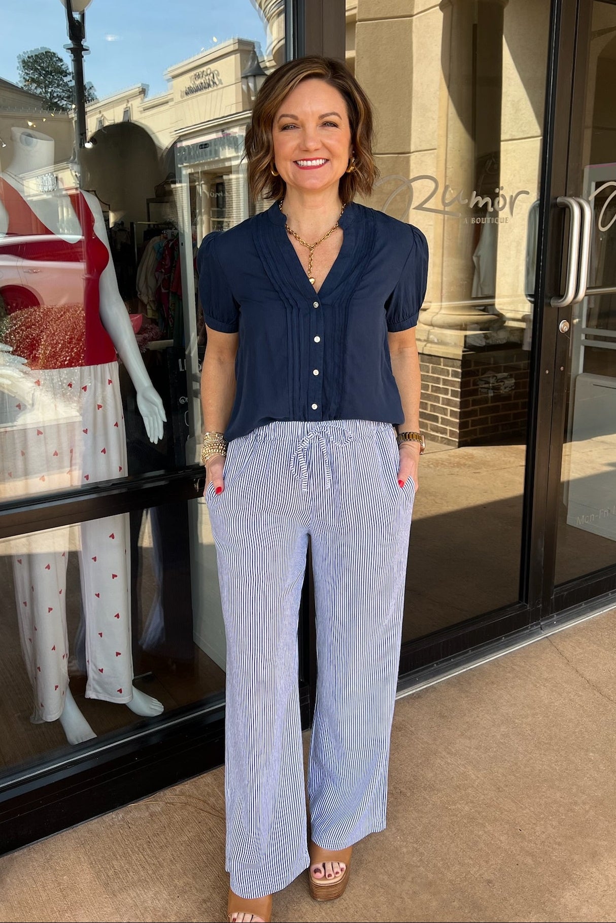 Linen Blend Stripe Pant - Blue / White