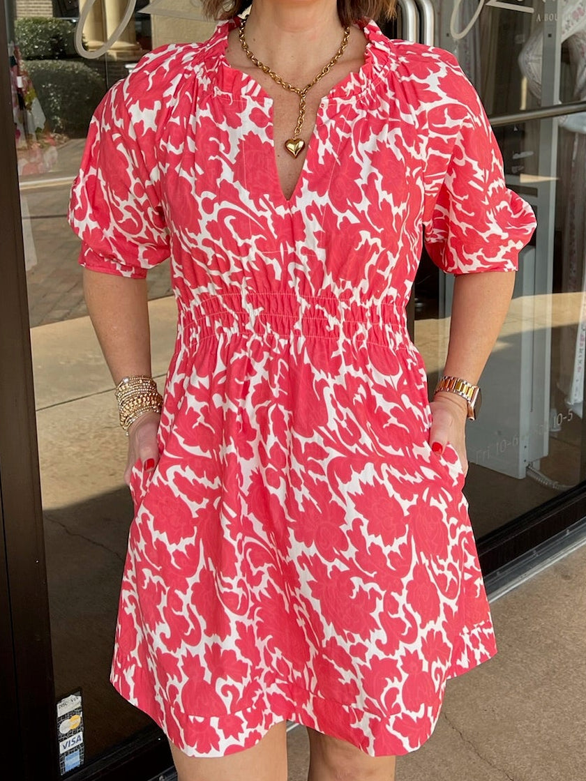 Kingsley Smocked Waist Mini Dress - Coral Multi