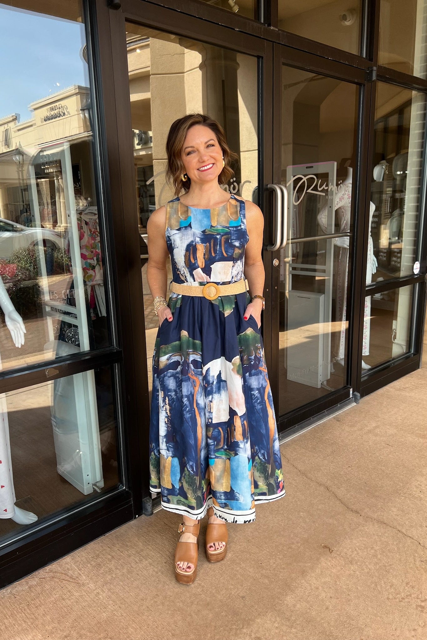 Ferragamo Midi Dress with Belt - Navy Multi