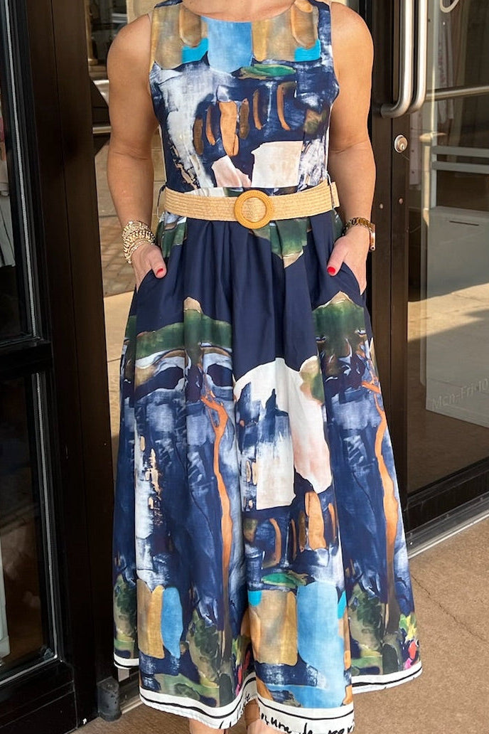 Ferragamo Midi Dress with Belt - Navy Multi