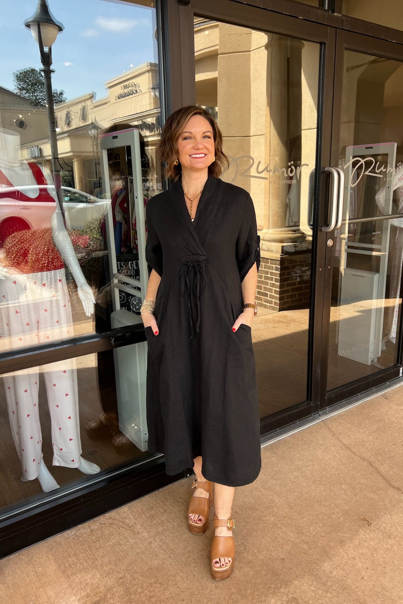 Linen Caftan Maxi Dress - Black