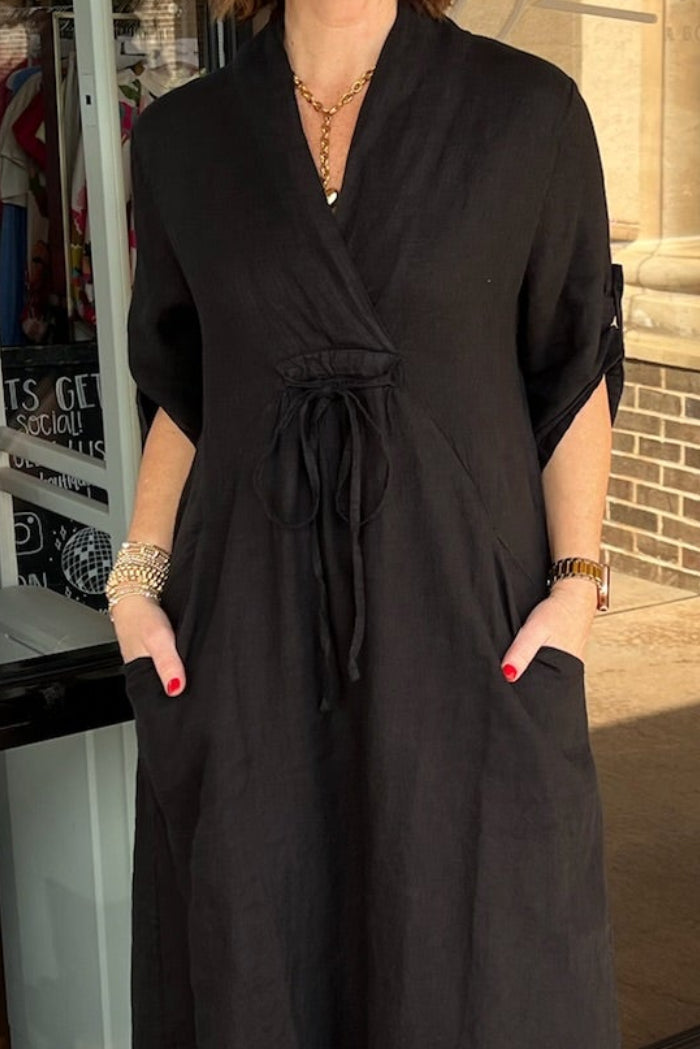 Linen Caftan Maxi Dress - Black