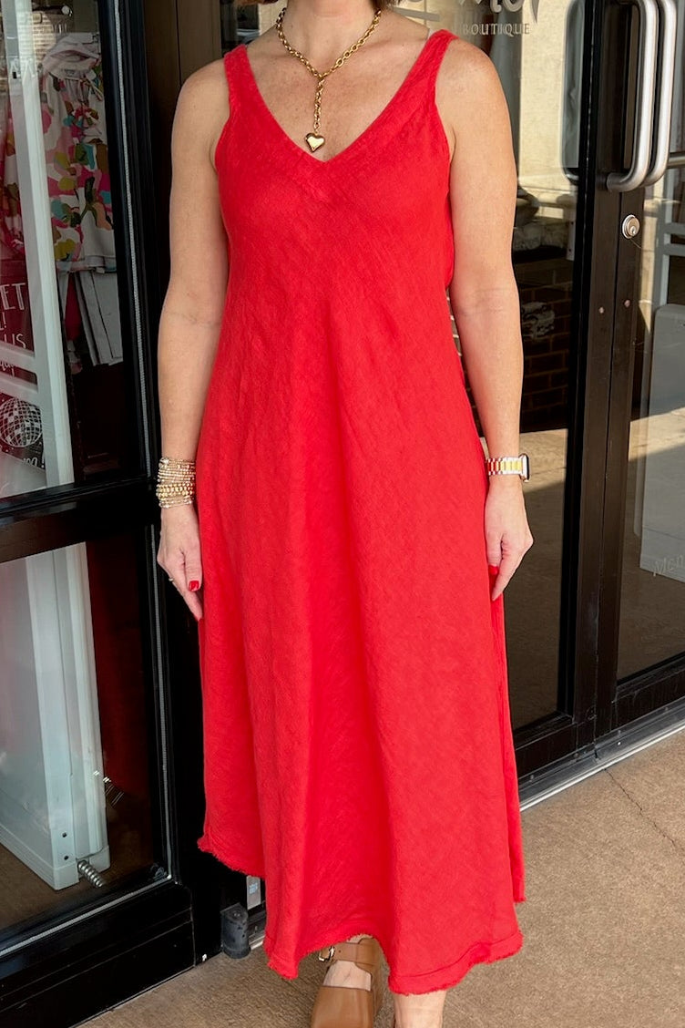 Linen Beach Slip Maxi Dress - Red