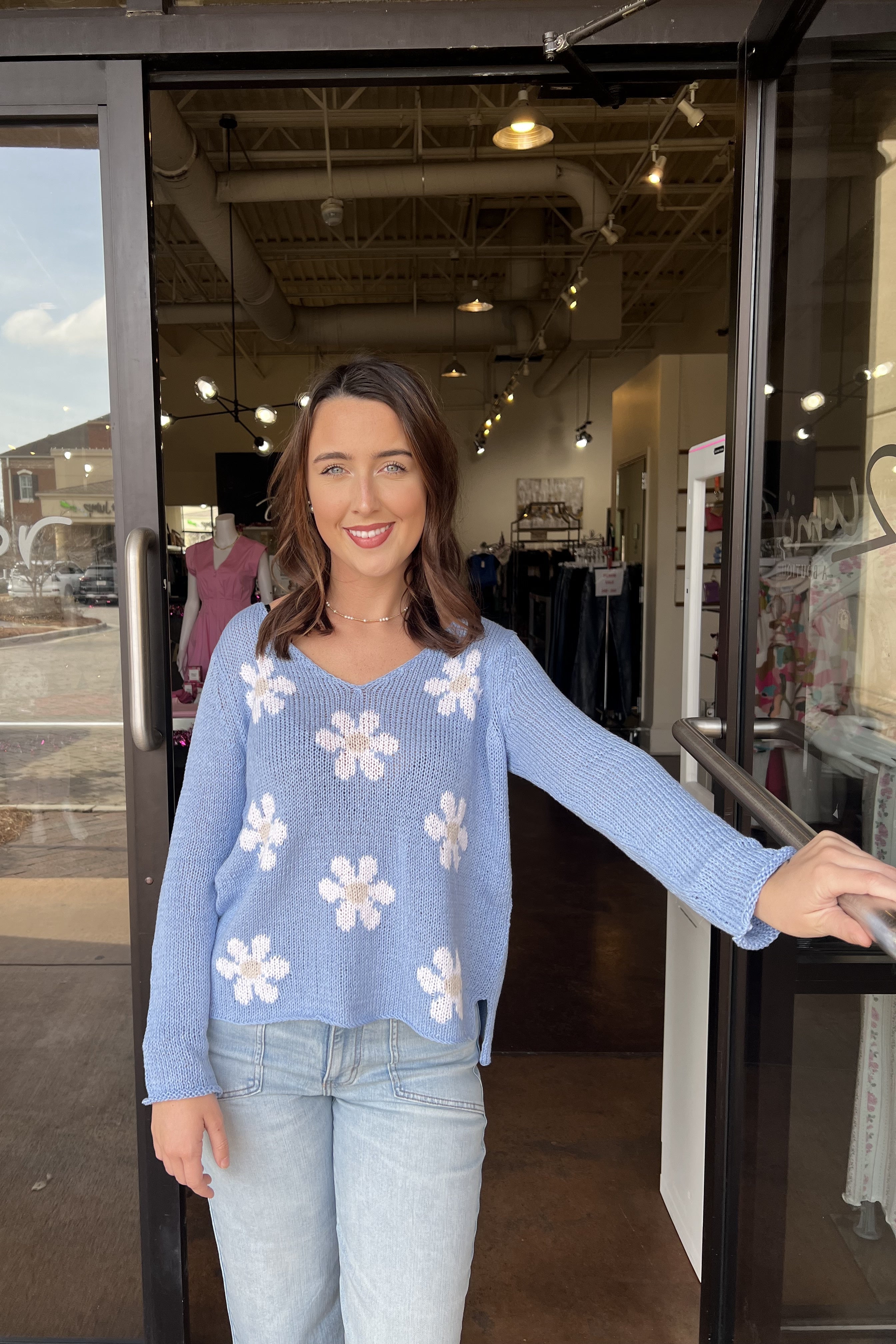 Mini Daisy Cotton Sweater - Beach Sky Blue